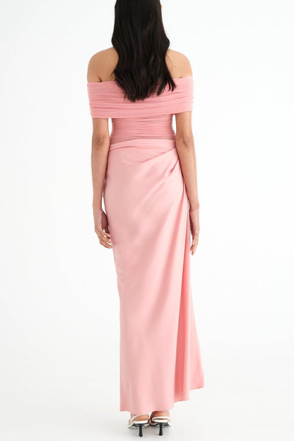 Reanko Off Shoulder Ruched Mesh Maxi Dress - Pink