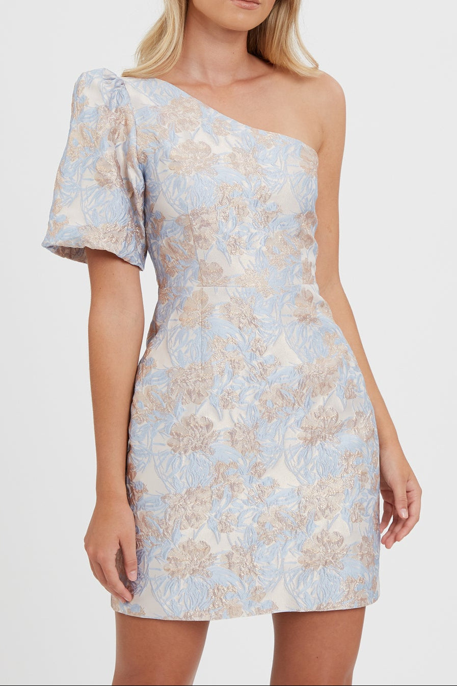 one-shoulder jacquard mini dress in blue-multi