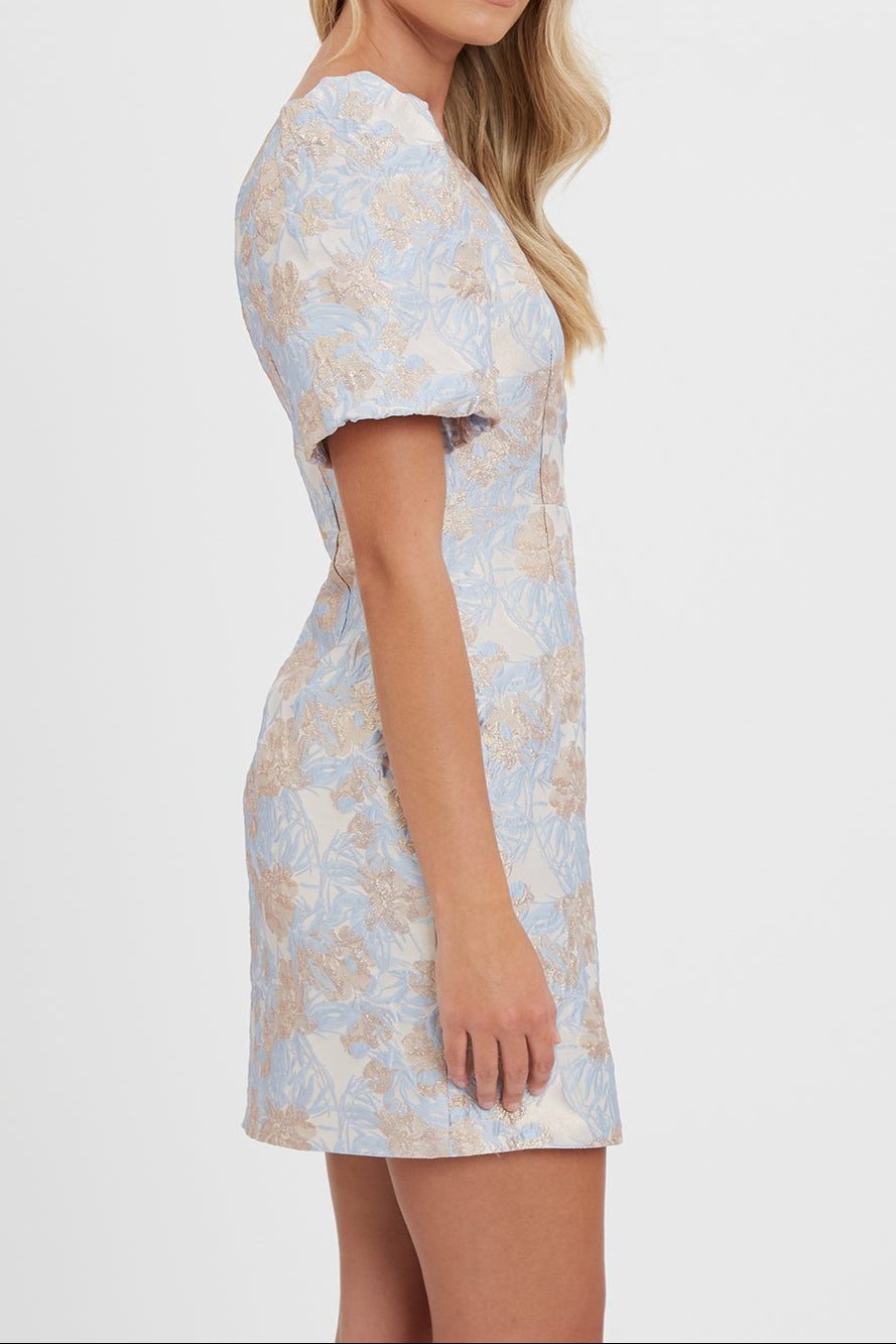 one-shoulder jacquard mini dress in blue-multi