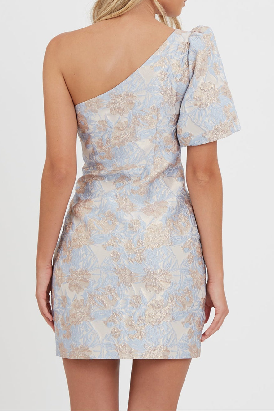 one-shoulder jacquard mini dress in blue-multi