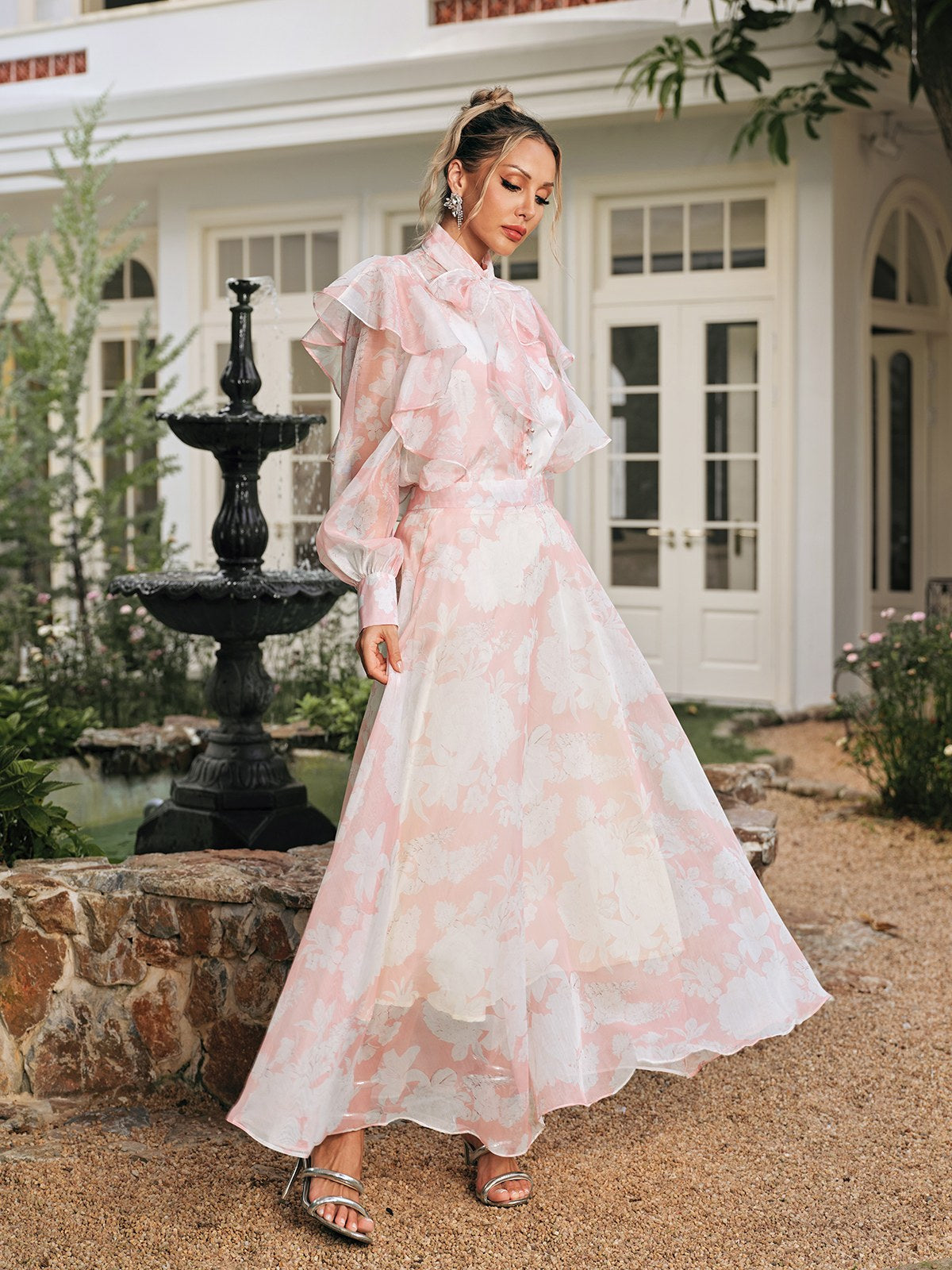 amanda High Neck Floral Organza Blouse maxi skirt set in pink