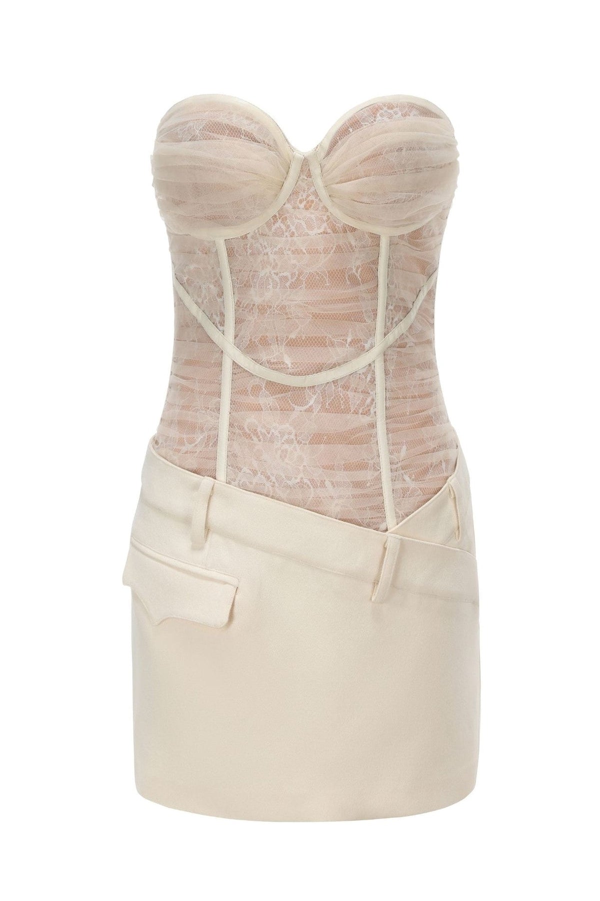 Rolyn Ruched Mesh Strapless Mini Dress - White