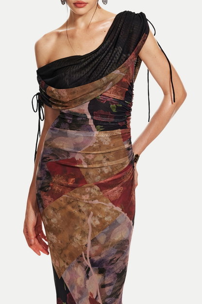 Rosala Print Mesh Off Shoulder Maxi Dress
