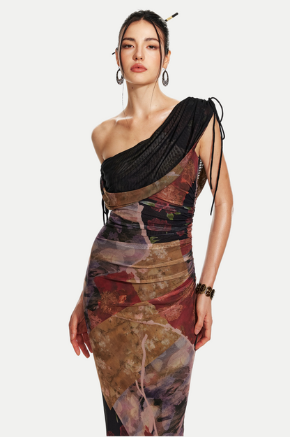 Rosala Print Mesh Off Shoulder Maxi Dress