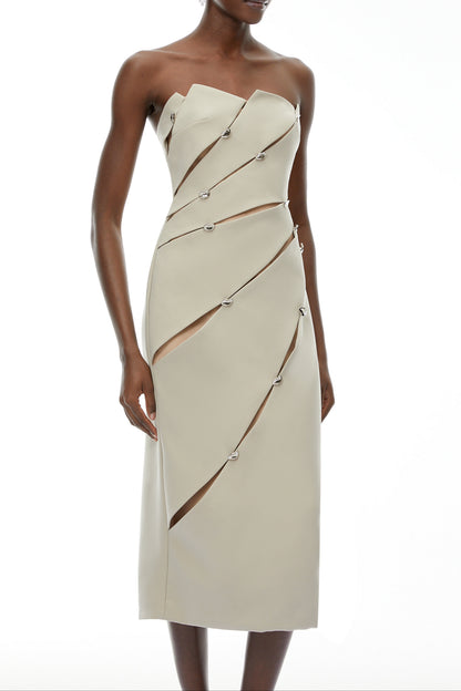 angela Asymmetrical Off Shoulder Midi Dress in Khaki