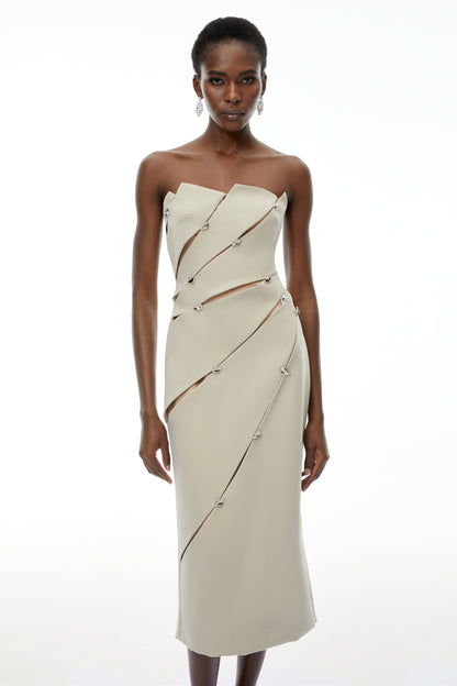 angela Asymmetrical Off Shoulder Midi Dress in Khaki