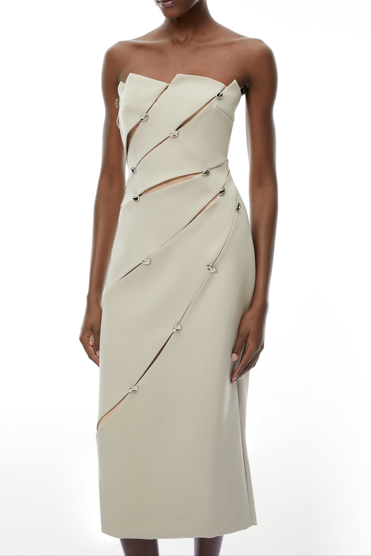 angela Asymmetrical Off Shoulder Midi Dress in Khaki