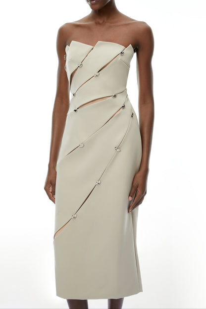 angela Asymmetrical Off Shoulder Midi Dress in Khaki