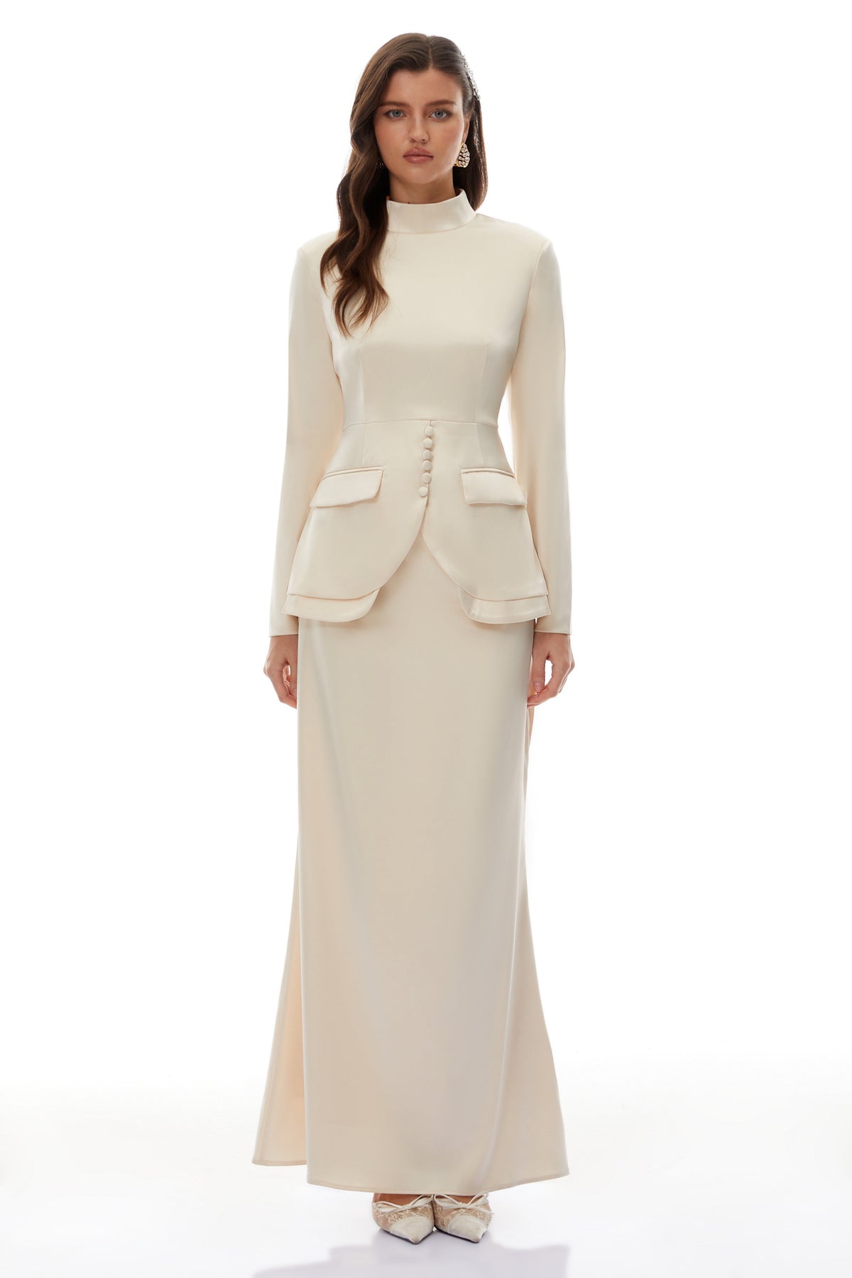 polly apricot Neutral Mock Neck Blouse Mermaid Skirt Set