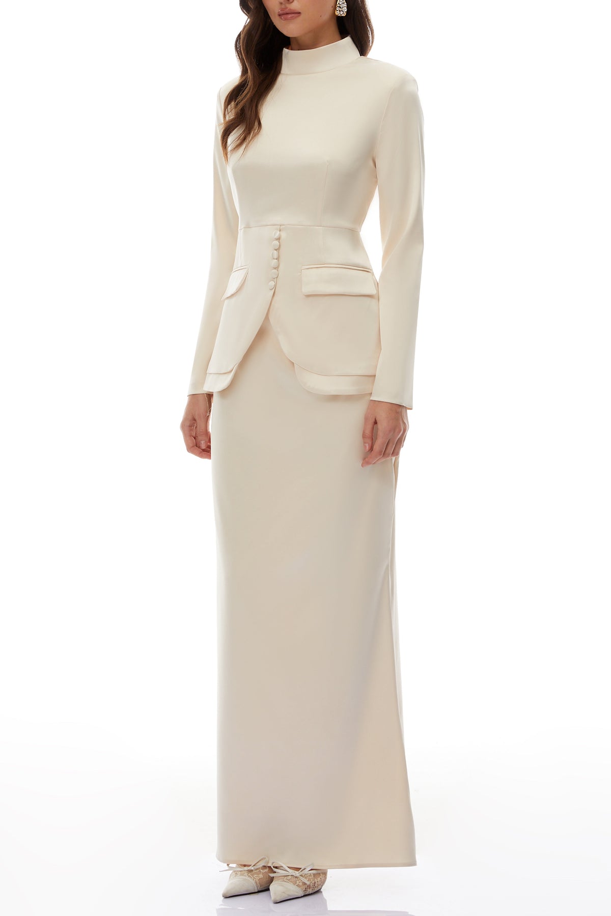 polly apricot Neutral Mock Neck Blouse Mermaid Skirt Set