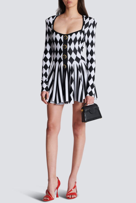 DIAMOND JACQUARD FLARED KNIT MINI DRESS
