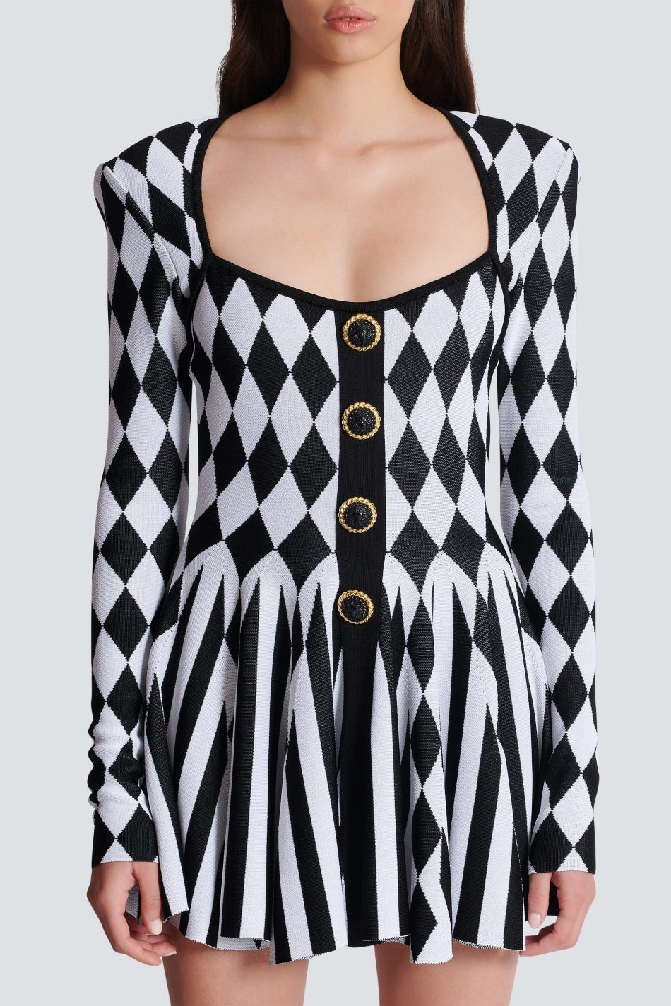 DIAMOND JACQUARD FLARED KNIT MINI DRESS