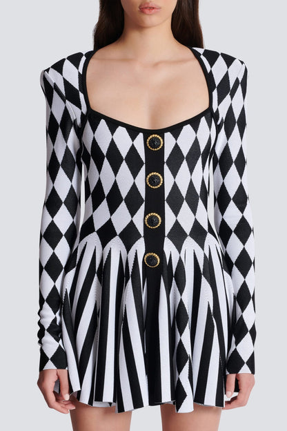 DIAMOND JACQUARD FLARED KNIT MINI DRESS