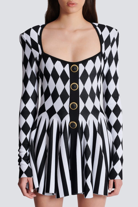 DIAMOND JACQUARD FLARED KNIT MINI DRESS
