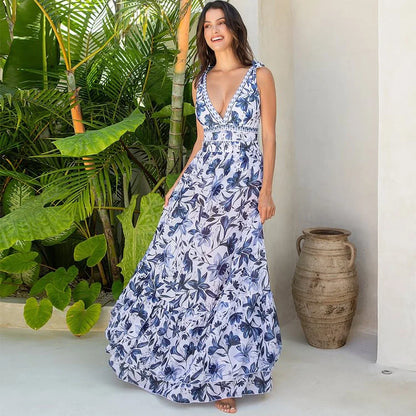 V-Neck Lace Patterned Printed One-Piece Swimsuit and Skirt