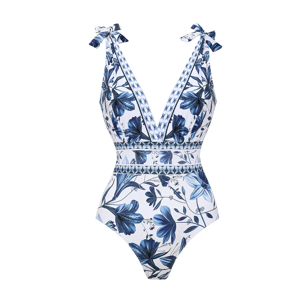 V-Neck Lace Patterned Printed One-Piece Swimsuit and Skirt