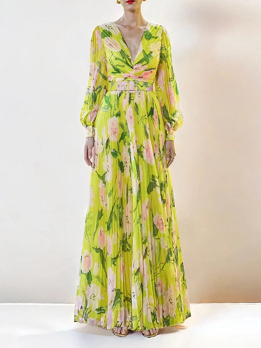 jennifer floral print pleated lantern sleeve maxi dress in yellow