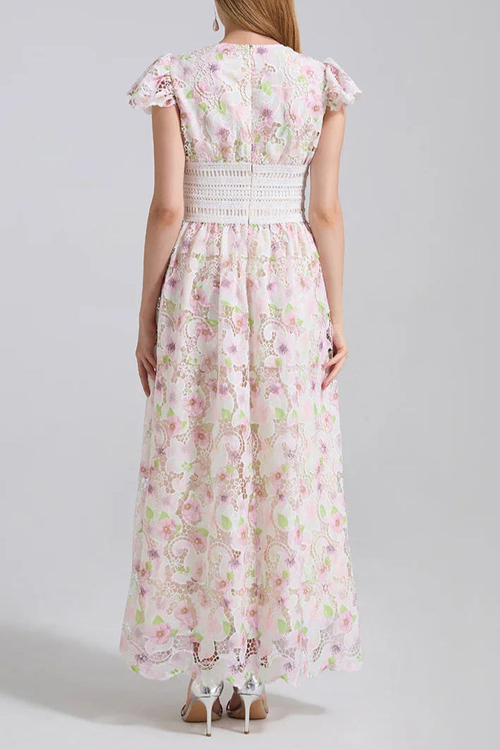 FLYING SLEEVES HIGH WAIST SLIM FIT FLORAL LACE DRESS