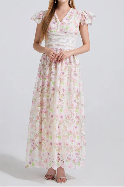 FLYING SLEEVES HIGH WAIST SLIM FIT FLORAL LACE DRESS