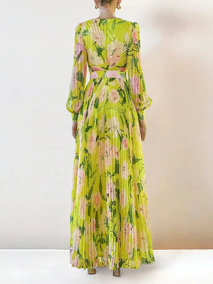 jennifer floral print pleated lantern sleeve maxi dress in yellow