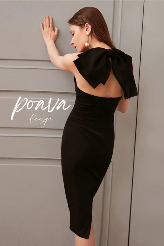 backless bow midi dress in black