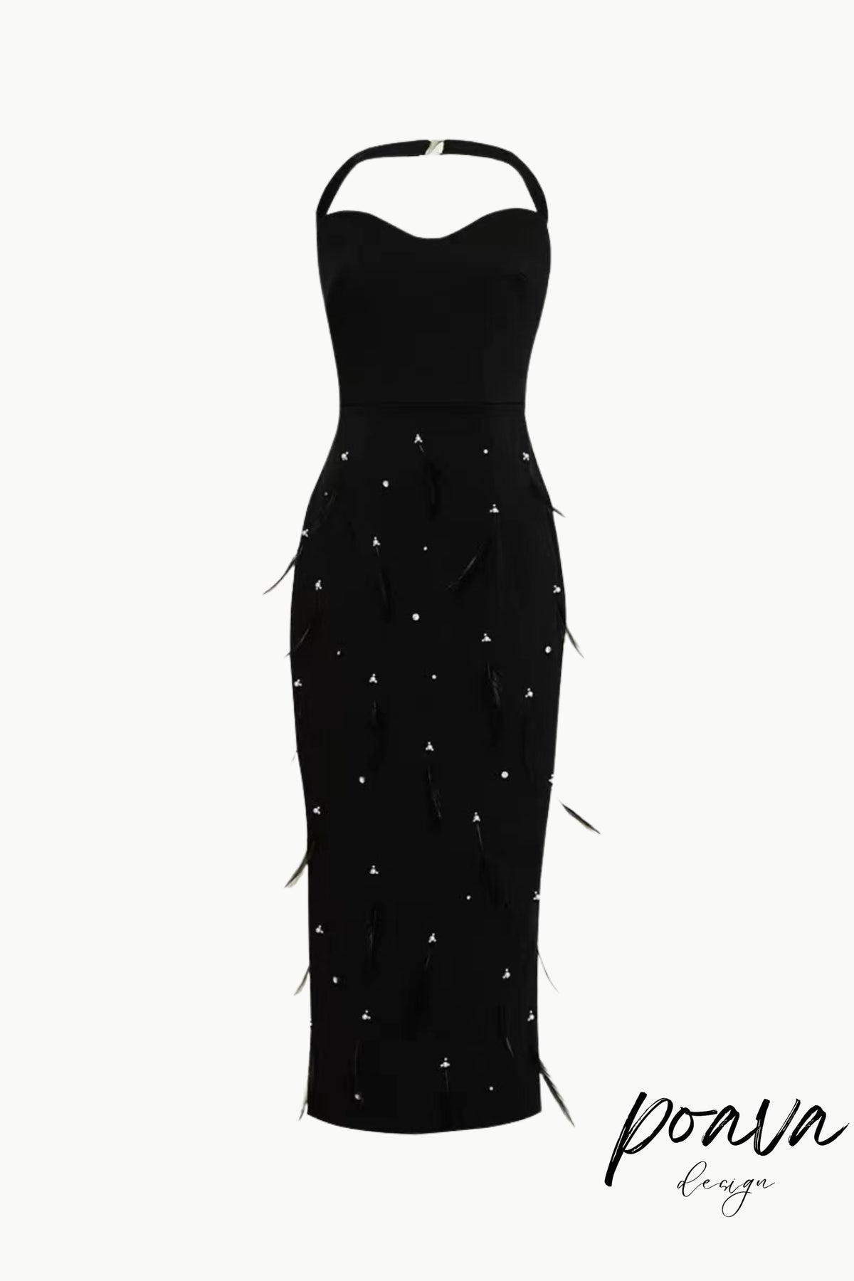 FEATHER RHINESTONES BODYCON MIDI DRESS IN BLACK