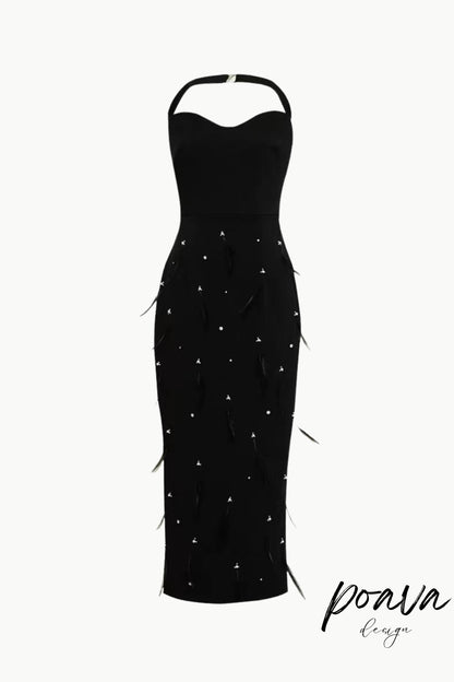 FEATHER RHINESTONES BODYCON MIDI DRESS IN BLACK