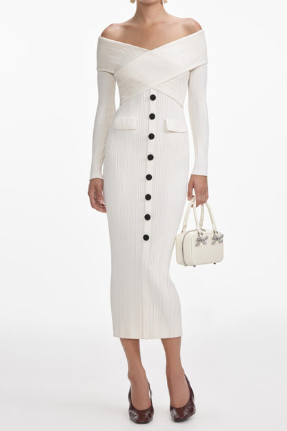 penny Off Shoulder Knit Midi Dress in Cream