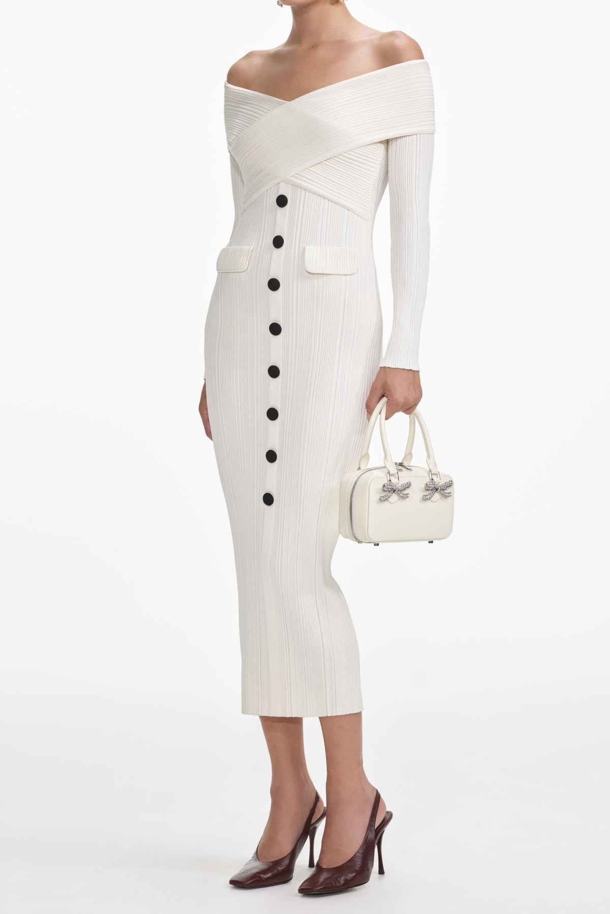penny Off Shoulder Knit Midi Dress in Cream