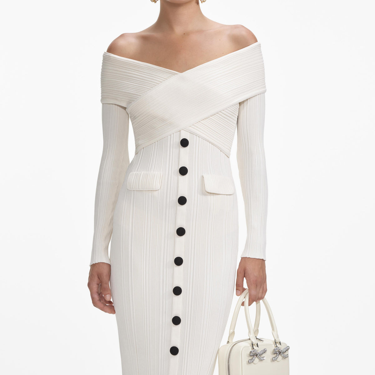 penny Off Shoulder Knit Midi Dress in Cream