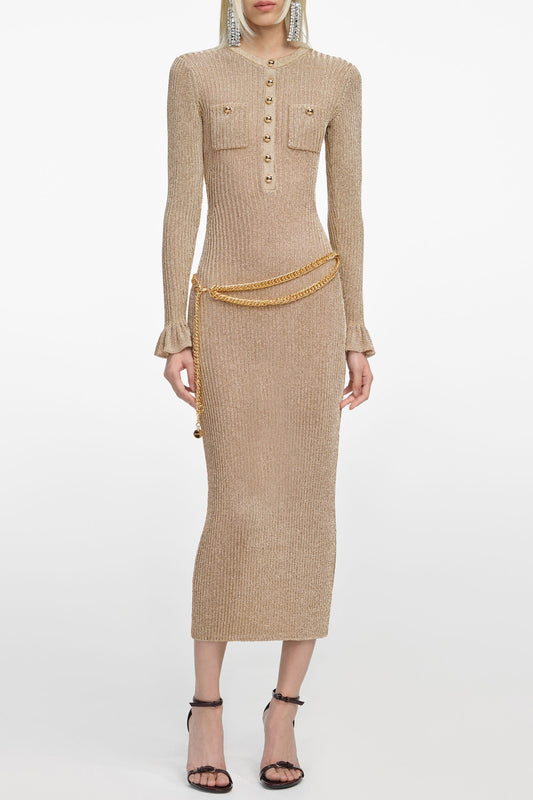 lauren Gold Lurex Ribbed Knit Midi Dress