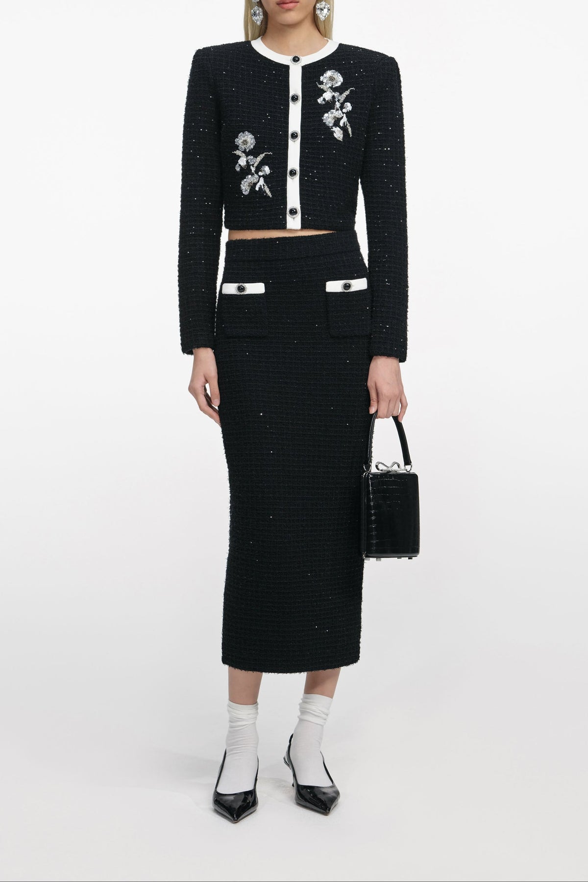 Black Textured Knit Midi Skirt