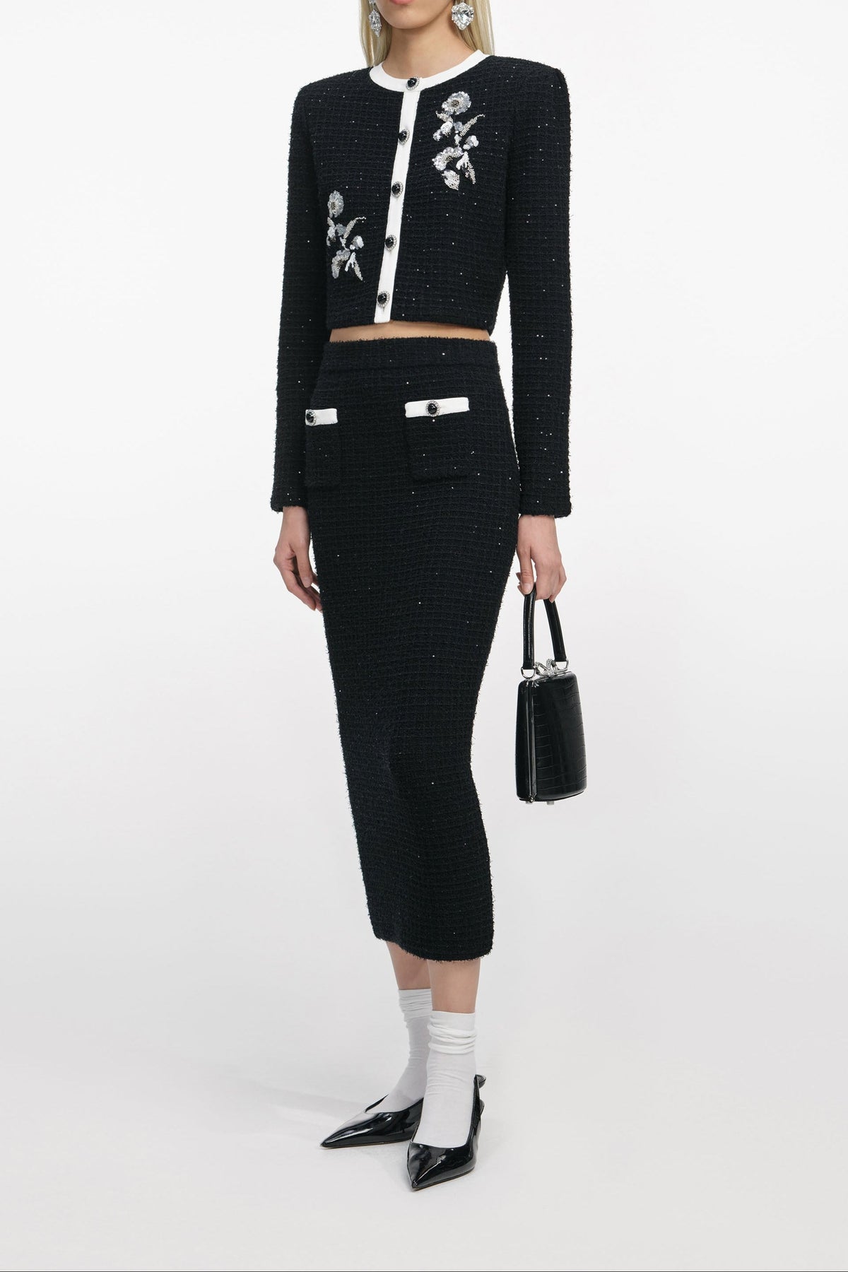 Black Textured Knit Midi Skirt