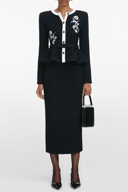 vicky Black Floral Textured Knit Midi Dress