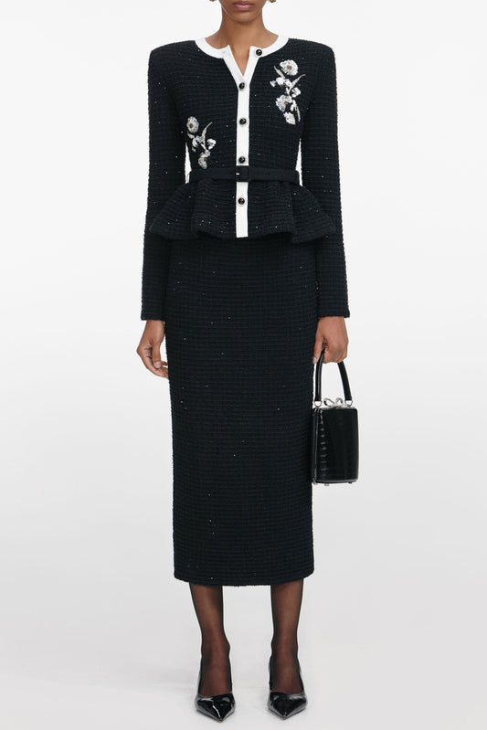 vicky Black Floral Textured Knit Midi Dress