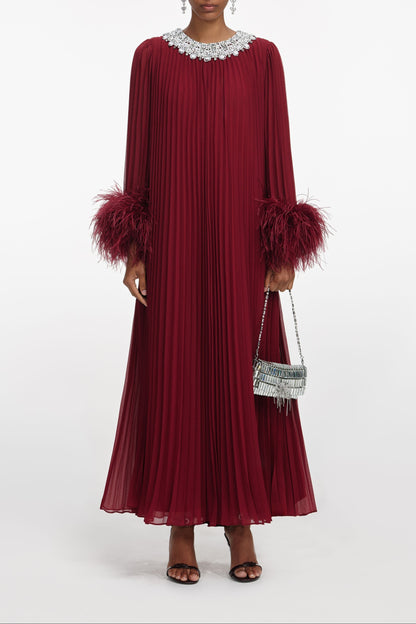Burgundy Chiffon Feather Midi Dress