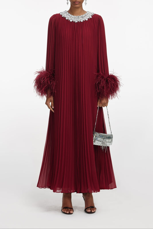 Burgundy Chiffon Feather Midi Dress