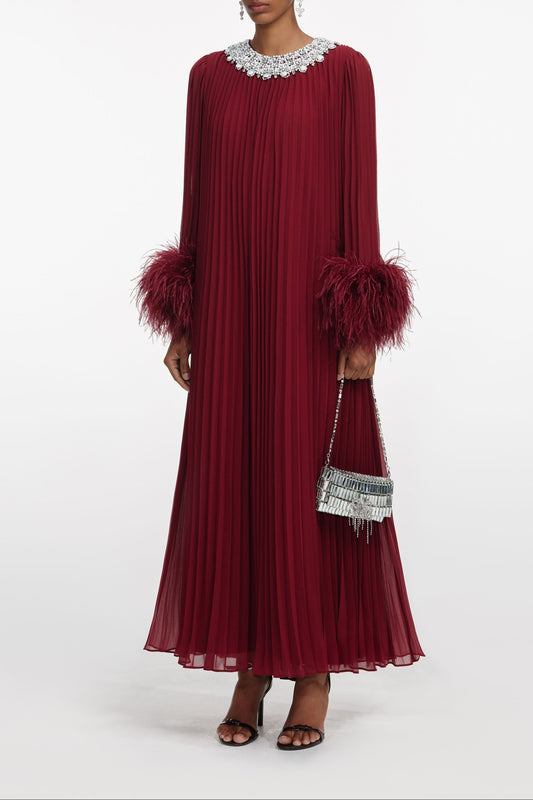 Burgundy Chiffon Feather Midi Dress