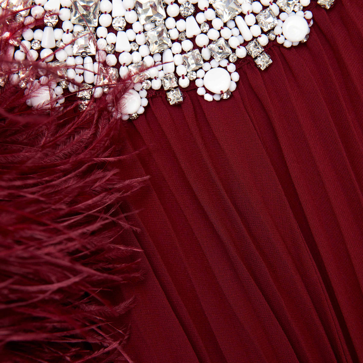 Burgundy Chiffon Feather Midi Dress