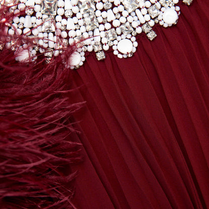 Burgundy Chiffon Feather Midi Dress