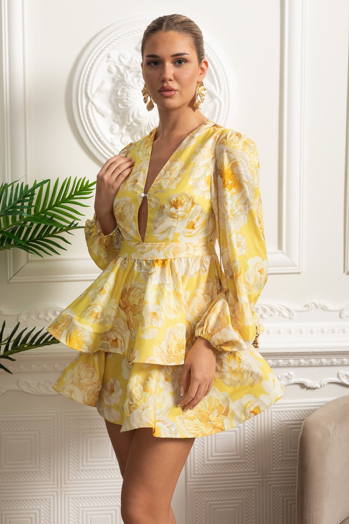 Floral Romantic Mini Dress With Voluminous Sleeves And Peplum Detail - Yellow