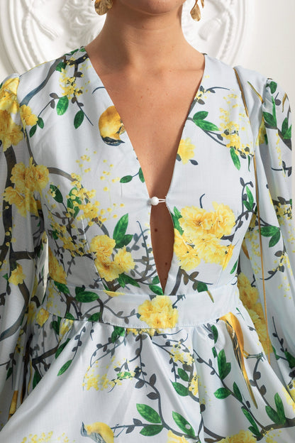 Floral Romantic Mini Dress With Voluminous Sleeves And Peplum Detail - Sky Blue