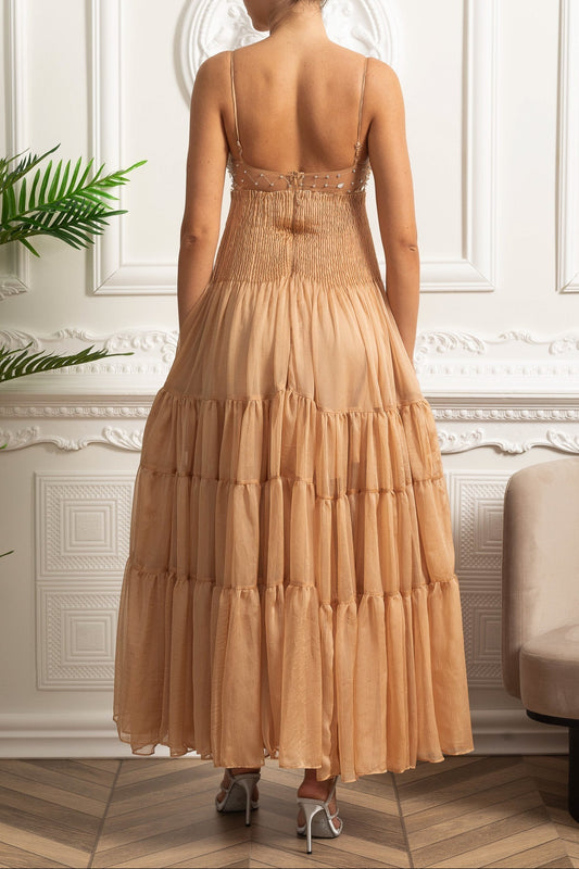 helen rhinestone beading pleated maxi dress -  beige