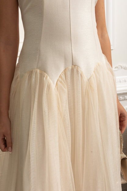 Sleeveless Midi Dress with Tulle Skirt and Pearl Embellished Collar - Ivoire