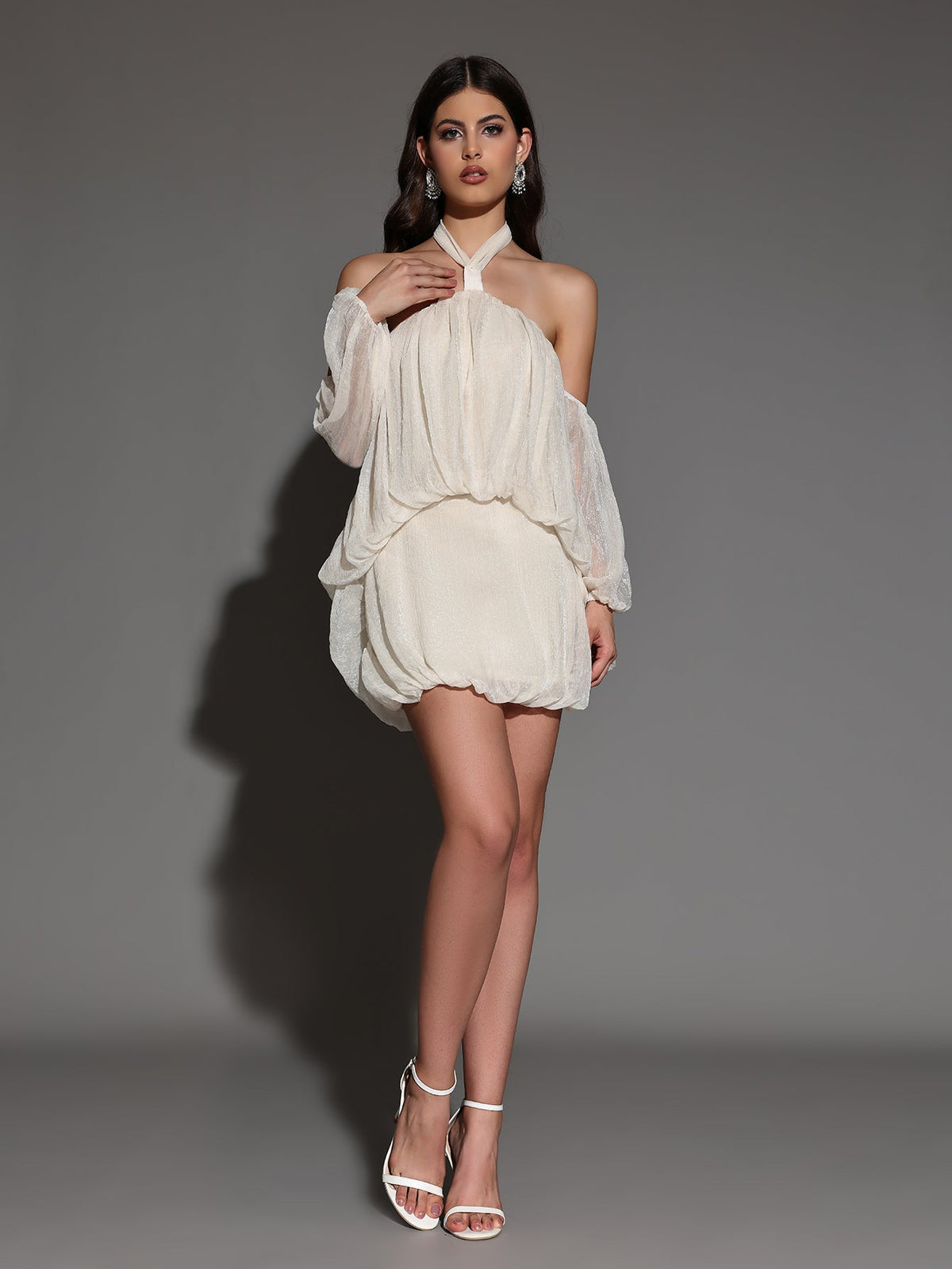 vivien Halter Neck Fluffy Mini Backless mini Dress in apricot