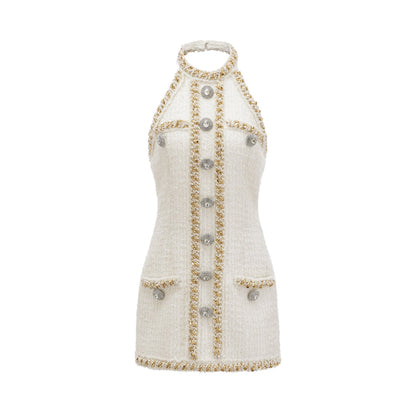 Cesca crystal-button tweed mini dress
