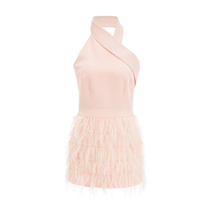 tara feather-detail tassel halter backless dress in pink