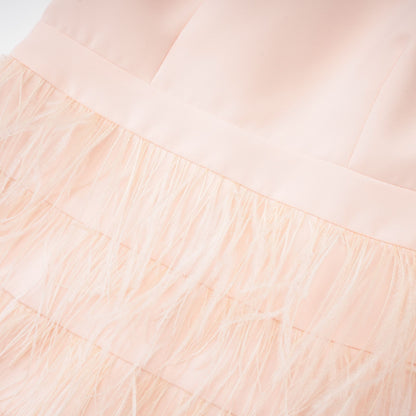 tara feather-detail tassel halter backless dress in pink