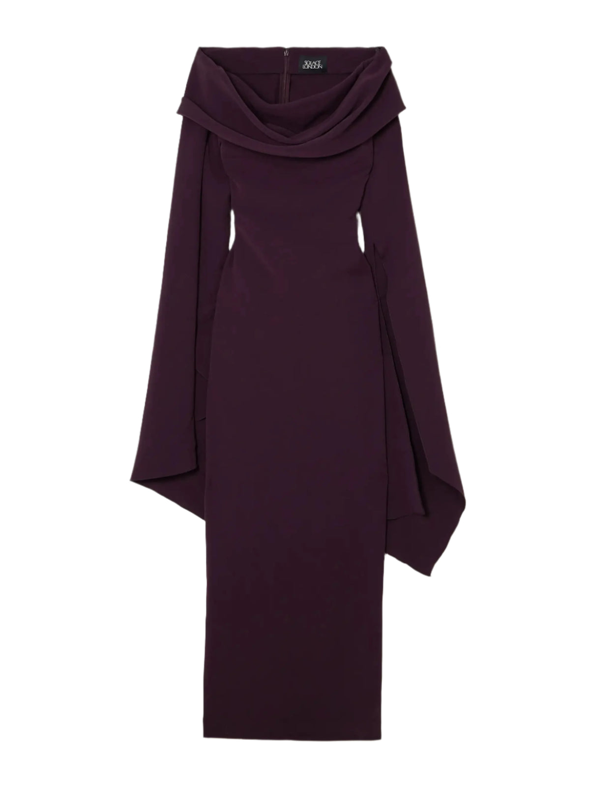 draped off-the-shoulder crepe maxi dress in burgundy