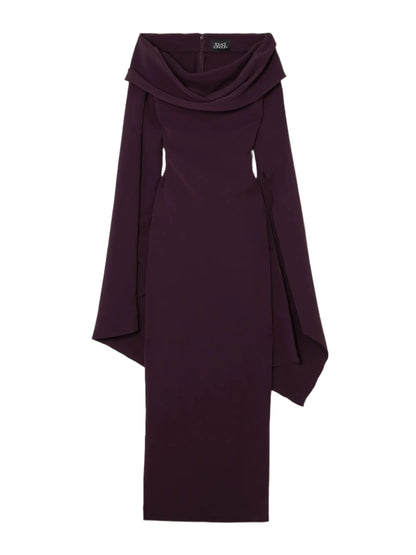 draped off-the-shoulder crepe maxi dress in burgundy